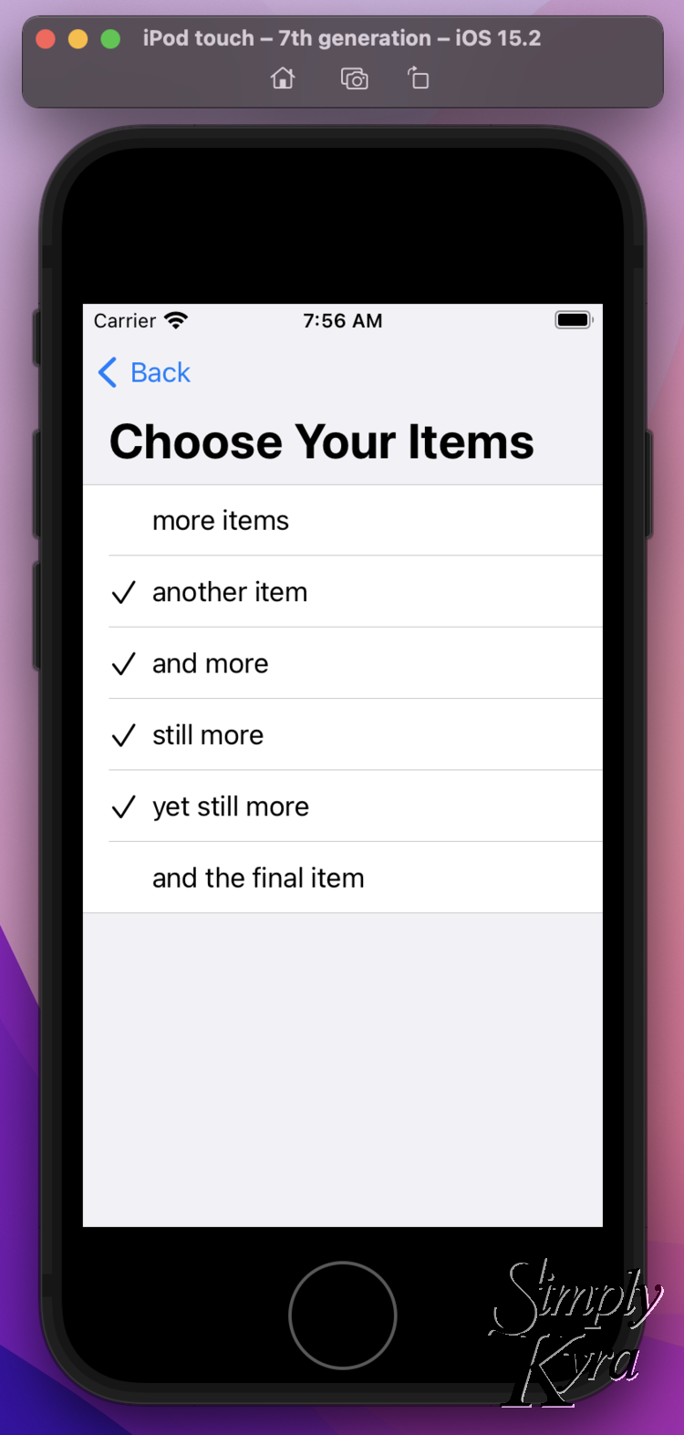Image shows the same simulator as the previous photo but now there's a blue back button at the top, a title saying "Choose Your Items", and then the list of items with the four center ones selected.