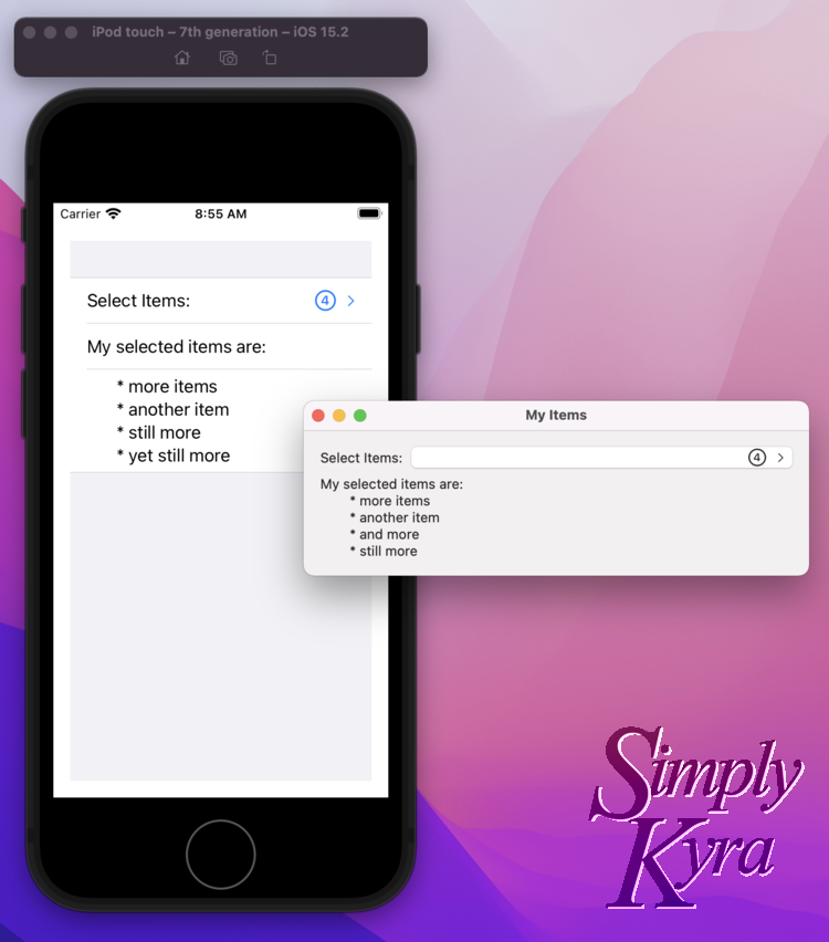 Image again shows the iPod touch simulator on the left with the macOS windows form on the right. Now the popover is closed, the button has a four with the circle around it, and there's a list of all four selected items below "My selected items are". 
