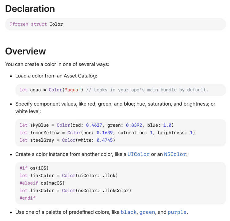 Image shows a screenshot of the "@frozen struct Color" along with the top portion of the overview showing many ways you can create colors. 