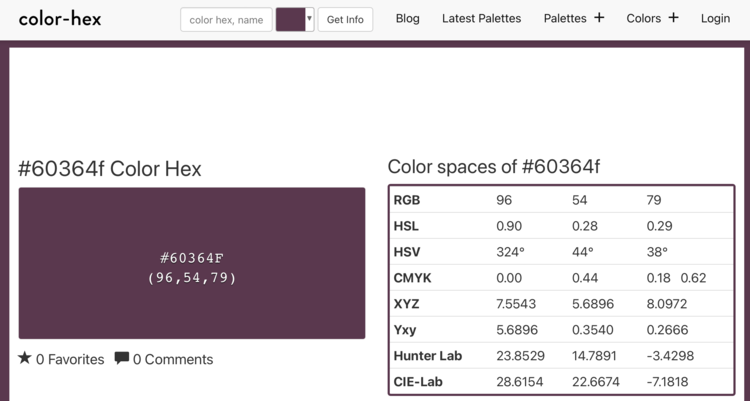Image shows the top banner of the Color-Hex website along with the color and most of its values. 