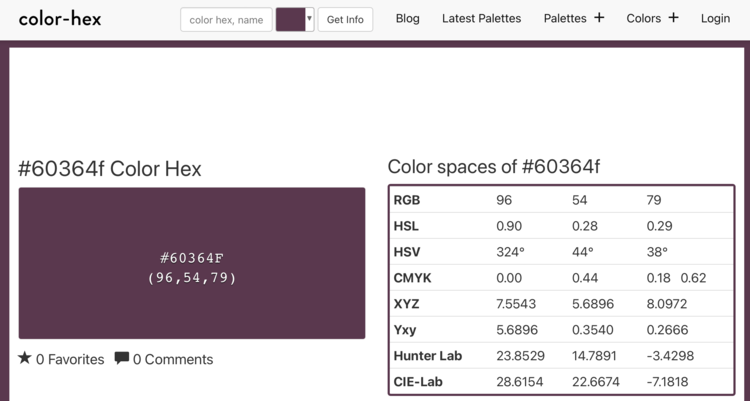 Image shows the top banner of the Color-Hex website along with the color and most of its values.