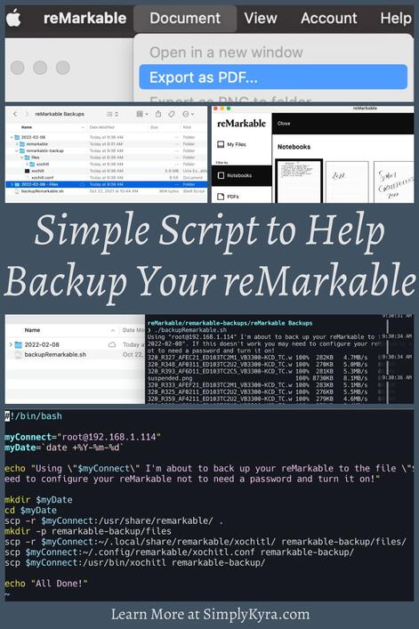 Pinterest geared image showing the post title "Simple Script to Help Backup Your reMarkable", my main URL "simplykyra.com", and five images also shown below. 