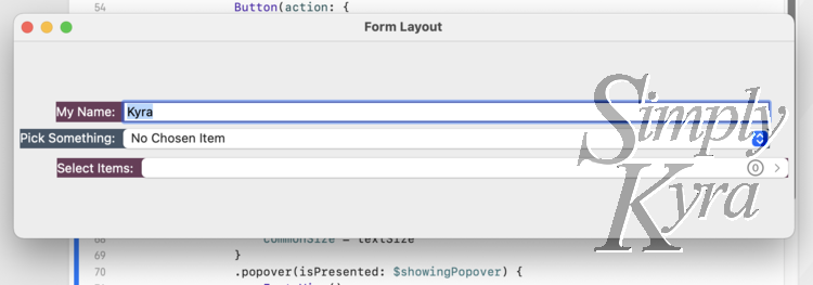 Image shows a popup macOS application with three simple labelled controls (a TextField, Picker, and this multi-select custom control) and they aren't lined up with each other on the left and right sides. 