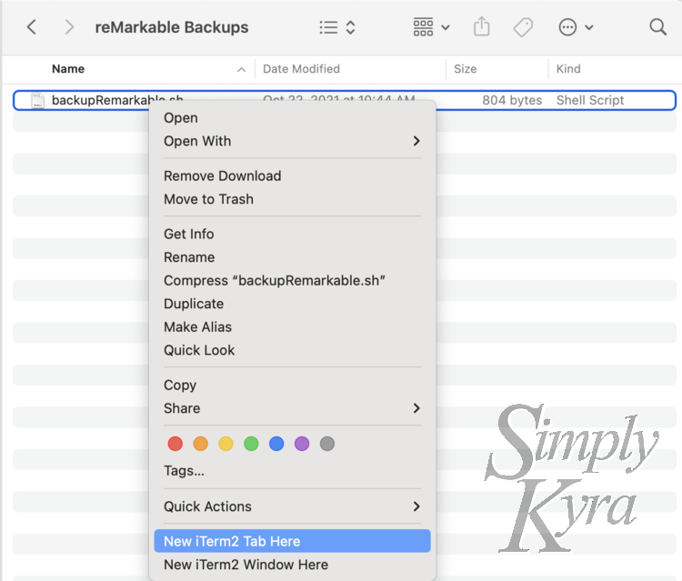 Image shows the file dialog for the "reMarkable Backups" directory showing a single file "backupRemarkable.sh". The right-click menu is open with "New iTerm2 Tab Here" selected. 