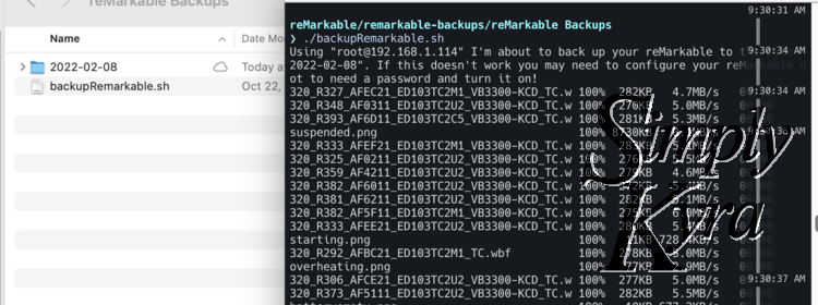 Again this image is split vertically. The left side shows the file dialog with the script and a dated directory being uploaded to the Apple cloud. On the right you see the terminal with the script executed, the string outputted, and the files being copied over one by one. 