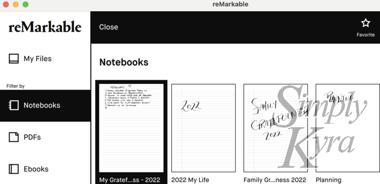 Image shows the same view as the previous photo only now the first notebook is selected and the top banner shows I can close or favorite it. 