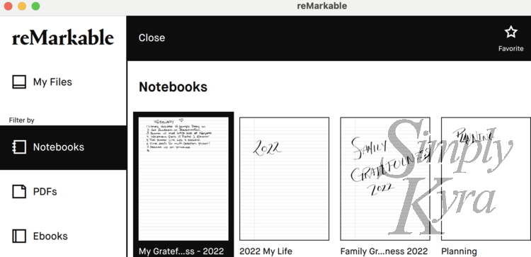 Image shows the same view as the previous photo only now the first notebook is selected and the top banner shows I can close or favorite it.