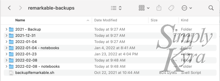 Image shows my reMarkable-backups directory with five script backups directories and two manual notebook PDF directories along with the script itself. 