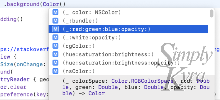 Image shows a popup with the "(_:red:green:blue:opacity:)" line highlighted. There are several other options above and below. 