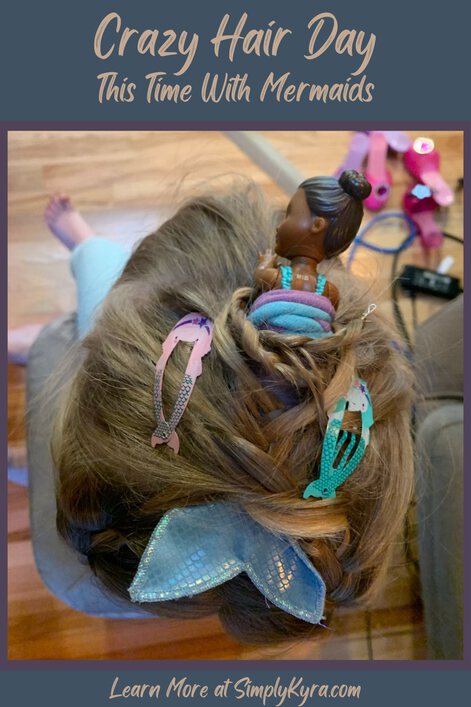 Pinterest geared image showing the finished hair style taken from above along with two headings saying "Crazy Hair Day" "This Time With Mermaids" and the main URL.