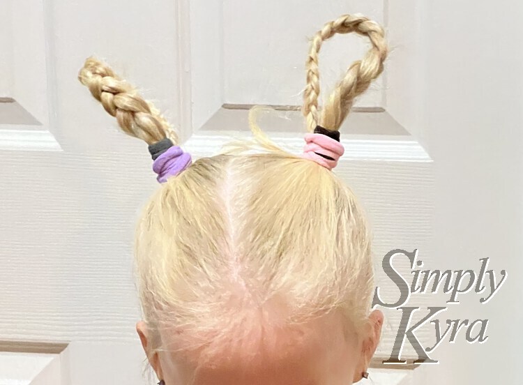 Image is taken from the front showing the two looped braids sprouting out from two pigtails. One has a grey ponytail mostly hidden within a pastel purple one while the other one is black inside a pastel pink ponytail tie. 