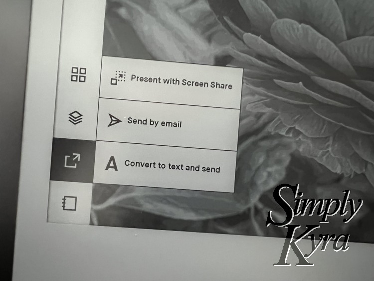 Image shows the flowers in the PNG with the share menu option open allowing you to see "Present with Screen Share", "Send by email", and "Convert to text and send".