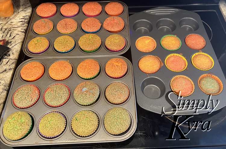 Image shows all three tins with browned and colorful cupcakes laid out on the stovetop.