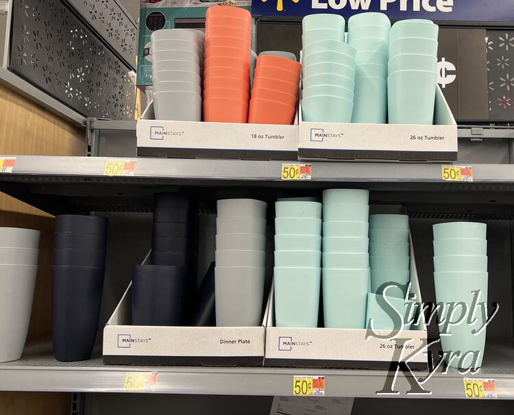 Image shows the self f plastic tumblers priced at 50 cents each at Walmart. 