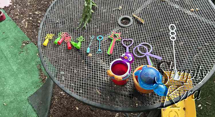 Image shows an outdoor table with bubble wands and bathtub toys laid out. 