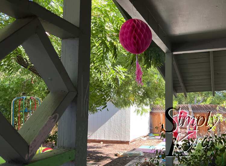 Image shows the pink decoration hanging from our front overhang with the yard in the background. 