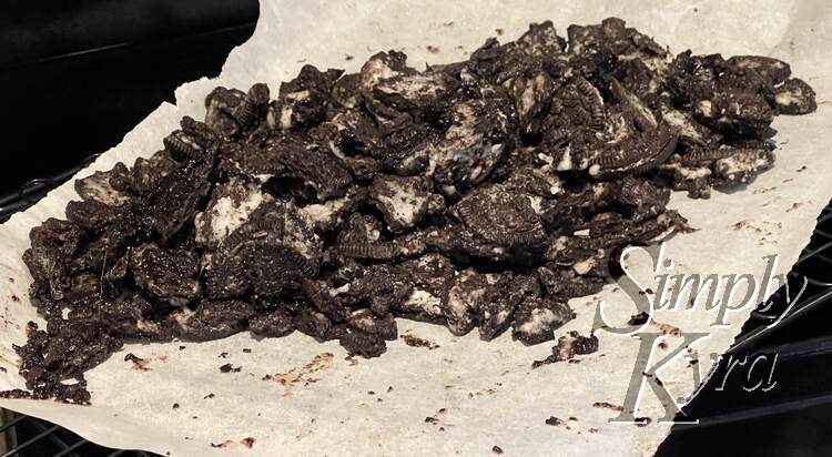 Image shows the baked and cooling cookie pieces.