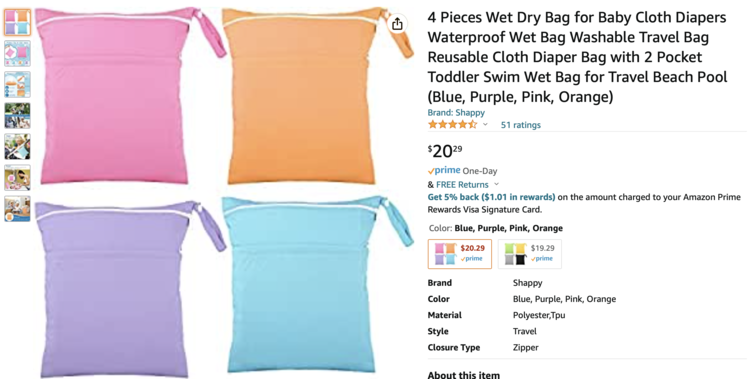 Screenshot shows a product photo of four colorful wet bags with two zippers and a ribbon to hang it up with. Off to the right is the title, brand, rating, price, alternate colors, and details.