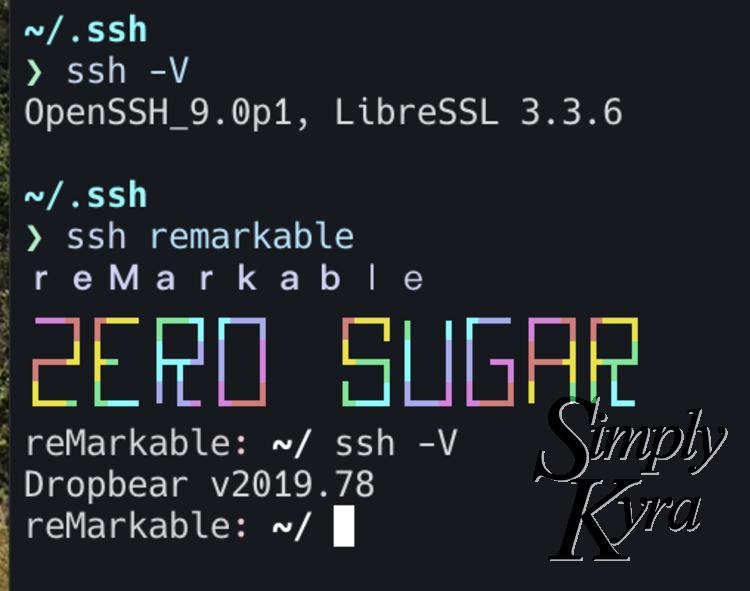 Image shows the `ssh -V` command on both my computer and reMarkable. Both output different ssh versions which makes sense as they conflict with `ssh-rsa`.