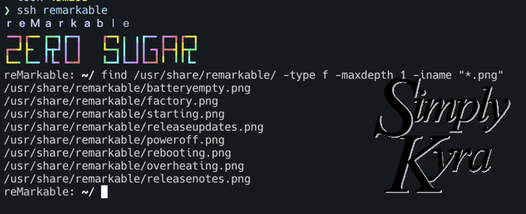 Image shows a screenshot of my terminal where I connected to my reMarkable and ran a "find" command to show all the PNG images contained within the remarkable directory.