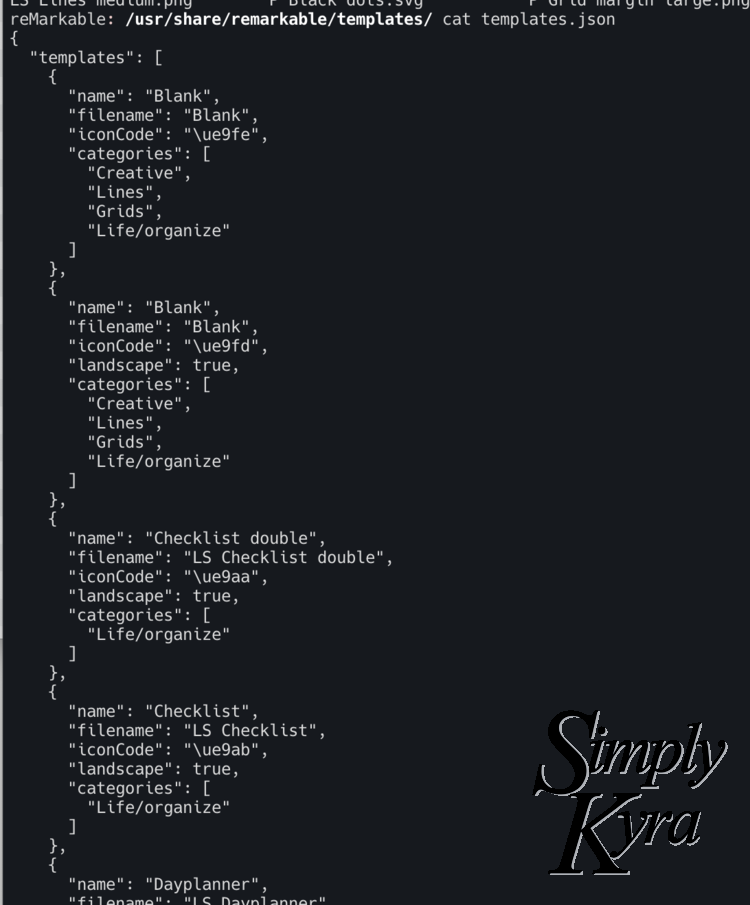 Image shows the "cat" command for the templates.json file and the first four templates listed in it. 