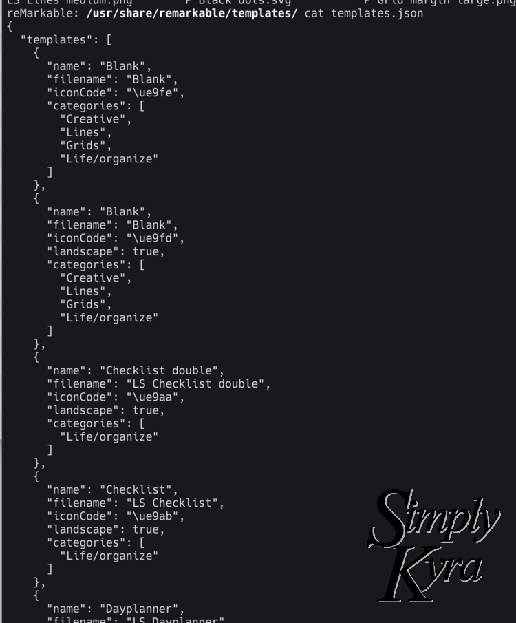 Image shows the "cat" command for the templates.json file and the first four templates listed in it.