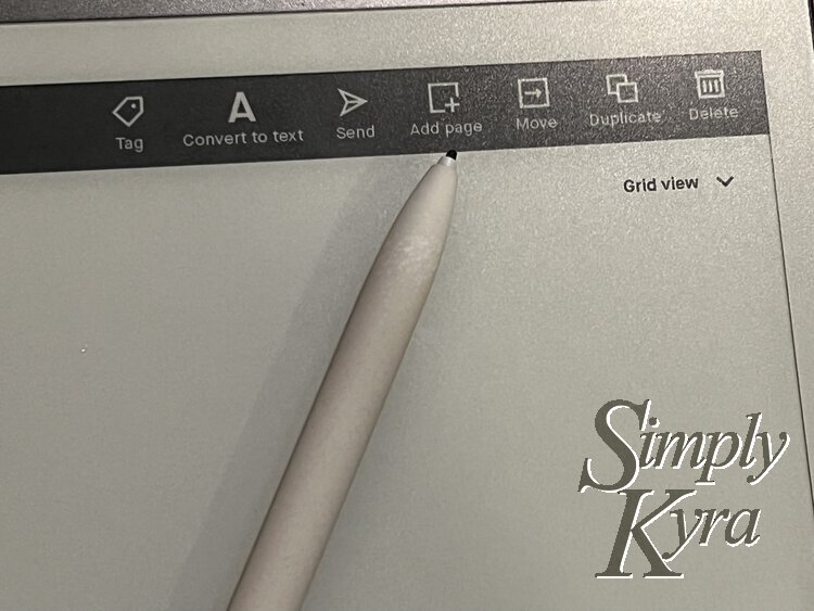 Image shows the pen laid out on a blank page of the reMarkable with its tip pointing to "Add Page". To the left and right of that icon are other options like "Send" and "Move".