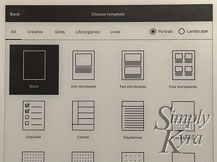 Image shows the Template choices once that option was chosen. 