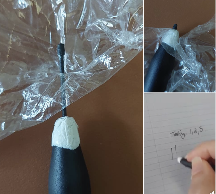 Screenshot of the Facebook post showing what looks to be three images. If you click the link to the post the bottom right one is really a video. The other two images shows the process of using Sugru and plastic wrap to fix the pen.