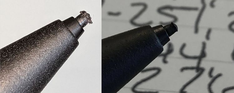 Collage of two different side by side photos showing a mushroomed pen tip. 
