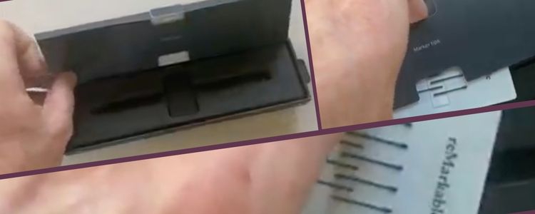Image shows a collage of three photos showing the box holding the pen and how the tips are hidden in the lid. 