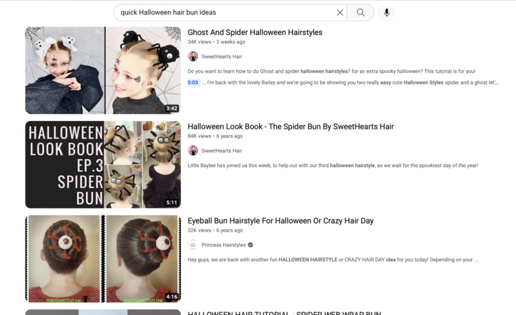 Image shows a screenshot of YouTube results showing a two of two posts or spiders, this spider bun, and an eyeball with red lines coming out of it. 
