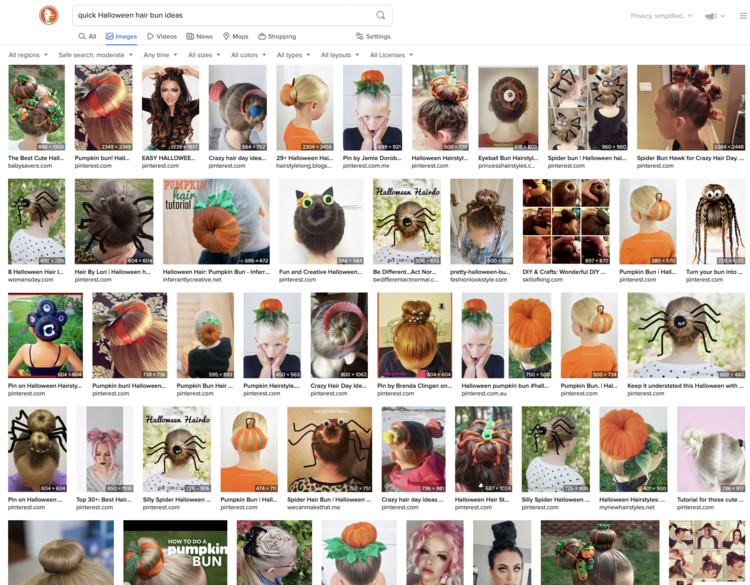 Image is a screenshot of images all displaying different Halloween-themed hair styles. 