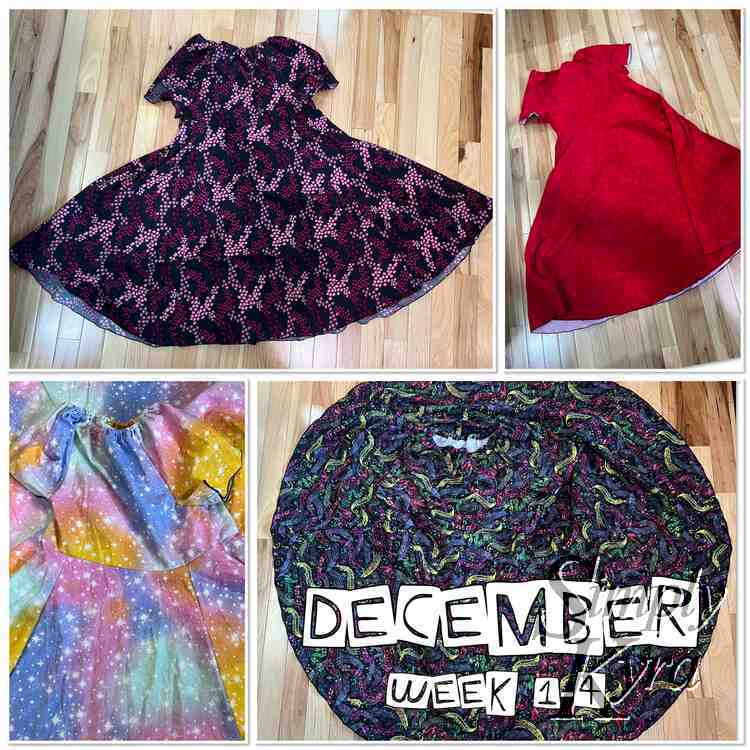 Image shows four images each of the same dress pattern with different fabric. At the bottom it says "December" and "Week 1-4".