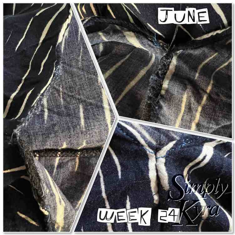 Image consists of a collage of three images. The left one shows the rip, the top right one shows the underside of the seam as it's being fixed, and the bottom right image shows the right side of the fix. Over top it says "June" while it displays "Week 24" on the lower right.