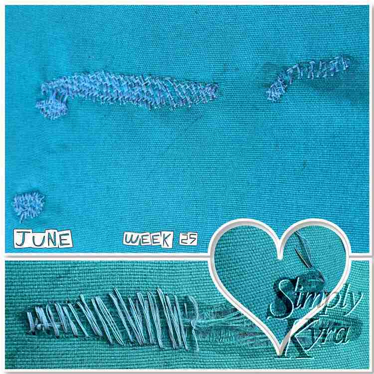 Image consists of a collage of three  images. The top one shows the fixed cushion, the bottom shows it partially fixed, and the center heart one sows the glued part before it's sewn. Along the center over the border it says "June Week 25".