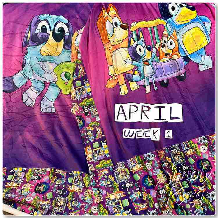 Image shows the two final blankets laid out beside and over top each other. Over it all it says "April Week 1".