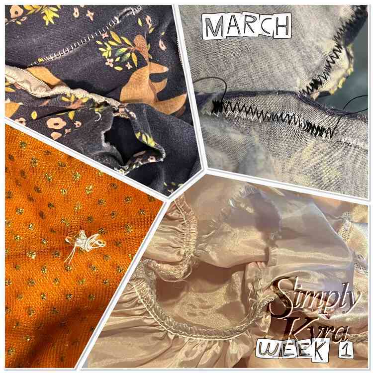 Image shows four image showing the ripped underwear (top left), fixed underwear (top right), fixed orange skirt (bottom left), and fixed pink skirt (bottom right). Overtop it says "March" and "Week 1".