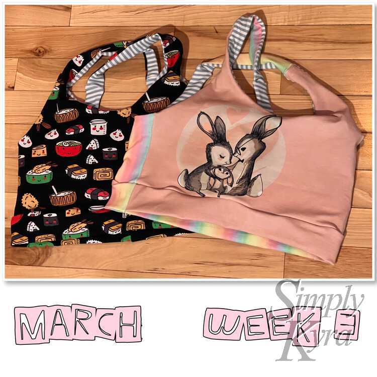 Image shows a single image showing two bras. One with sushi and faces and the other with a family of bunnies. At the bottom it says in matching pink "March" and "Week 3".