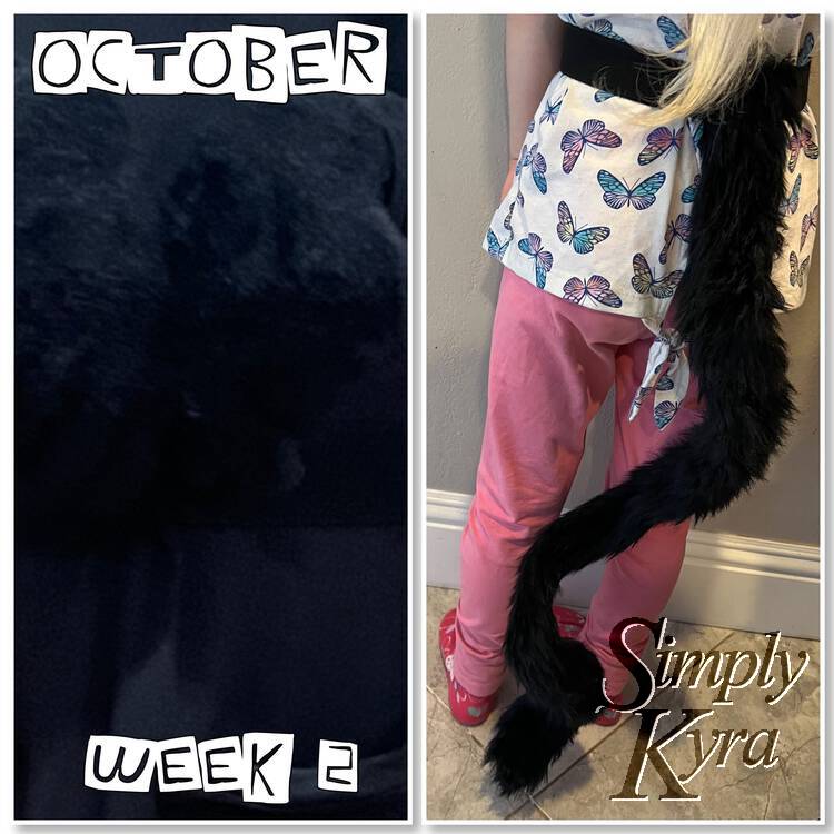 Image shows two side by side images displaying the tail with the entire costume (left) and the tail against a brighter outfit (right). Centered along the top and bottom of the left side it says "October" and "Week 2".