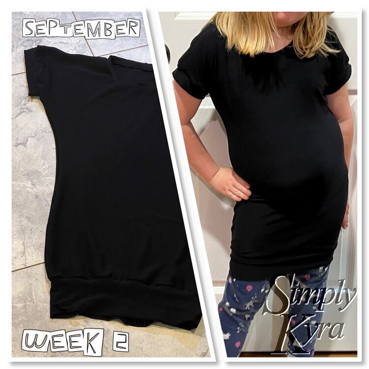 Image shows two side by side images displaying the flat lay of the finished shirt (left) and Ada wearing the final top (right). Centered along the top and bottom, on the left side, it says "September" and "Week 2".