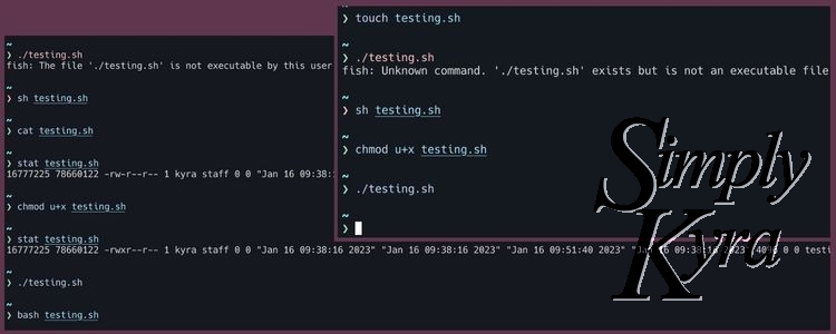 Image shows the 'sh' file being created, executed with sh, unable to execute with the filename only, being chmod to be executable, and working.