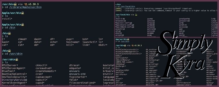 Image shows three screenshots from my terminal all showing the contents of different directories whose pathway is listed in the PATH variable. 
