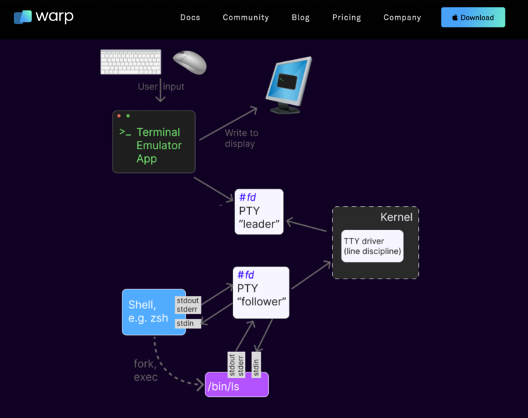 Image is a screenshot from warp's What happens when you open a terminal and enter ‘ls’ article showing a diagram showcasing what happens when the user inputs characters into the terminal on their computer.