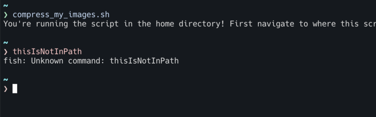 Image shows two commands in my terminal. The first matched an executable file existing in my bin directory and in my $PATH so it executed. The second was not so I received an unknown command error.