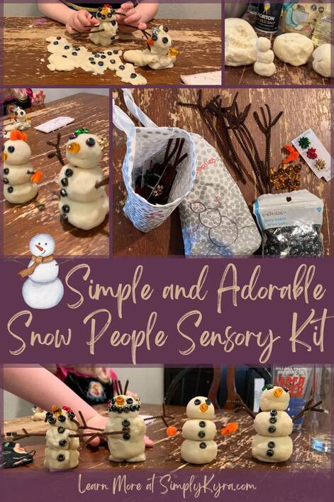 Pinterest-geared image showing five images also shown in the post below, my main blog title "Simple and Adorable Snow People Sensory Kit", my main URL, and a snowman clip art image from Canva. 