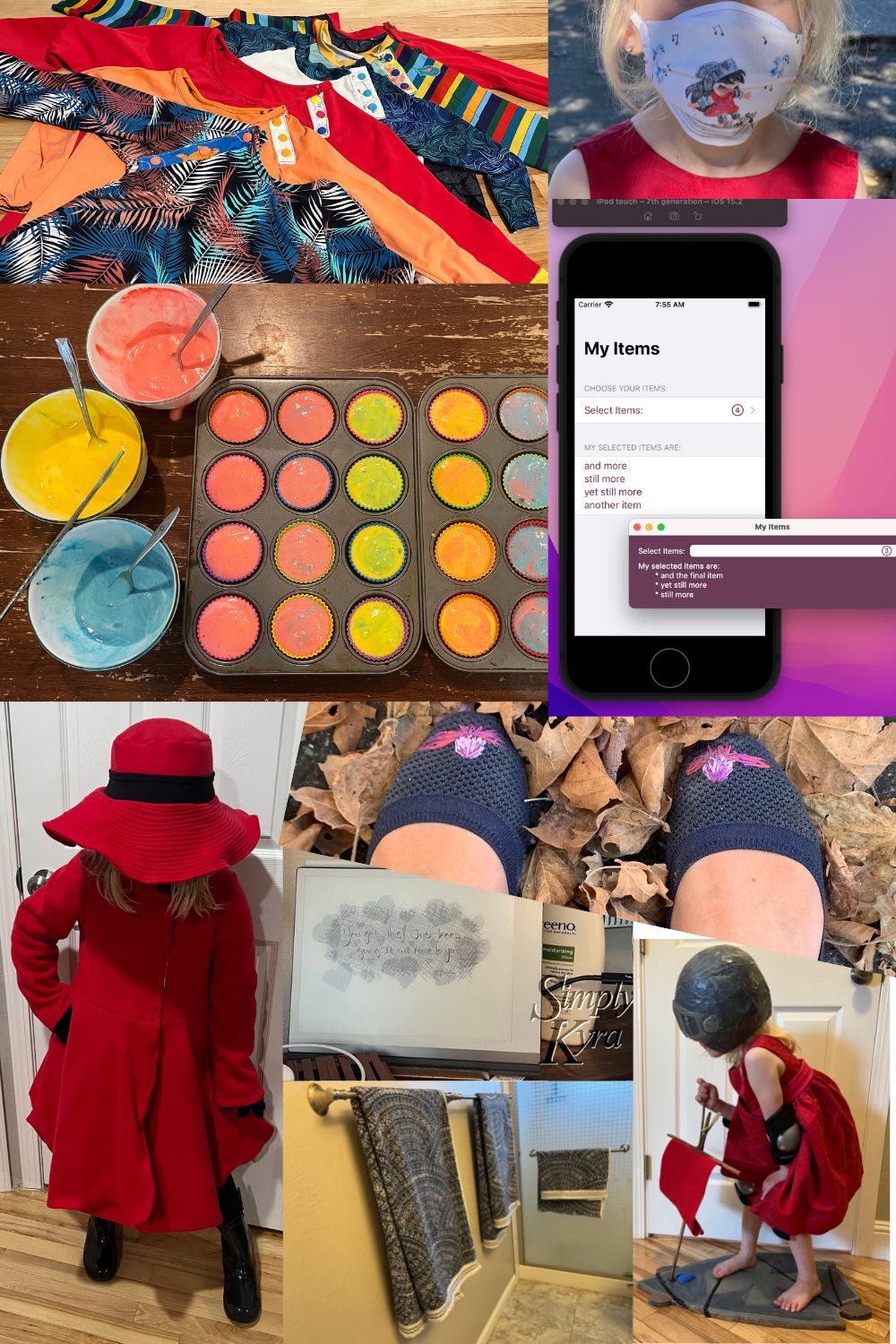 A quickly updated collage of my more recent posts including marbled angel food cupcakes, swimming suit tops, face masks, Swift UI multi-pick component, embroidered flats, reMarkable with a custom sleep screen, hacked towels, and two red costumes: Carmen Sandiego and Princess Skateboarder. 