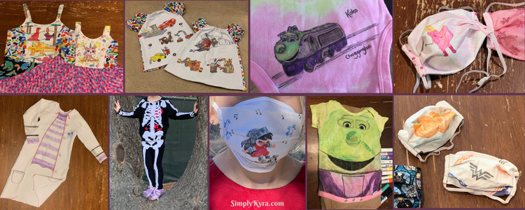 Collage showing a nine images all involving clothing or face masks. From the left the top row shows two dress with dinosaur and unikitty, two shits showing two types of LEGO vehicles, back of a onesie showing Koko, and a face masks with a drawing of the wearer wearing the matching costume. On the bottom row is a long shirt looking like Doc McStuffins, a fabric cut and sewn on skeleton costume, a face masks with princess skateboarder, the front of the previous onesie with the front of the train drawn on, and two costumed themed face masks. 