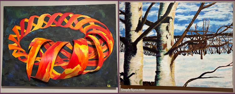 Collage showing a two images. On the left is a red, orange, and yellow spiral with a black, green, and blue background. On the right is a winter scene showing a tree, a hedge, a deer, blue skies, and a squirrel. 