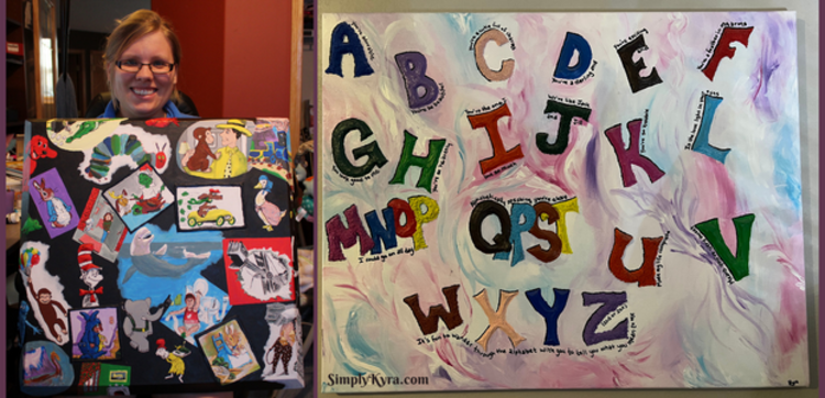 Collage showing a two images. On the left is a square canvas coated in blogs of characters from popular children's books including baby beluga, curious George, Narnia, Beatrix Potter, and more. On the right is a white, pink, purple, and blue marbled canvas with the alphabets in various 3D letters and lyrics of the popular "A you're adorable" song. I replaced I's lyrics with "You're the one I love so much".